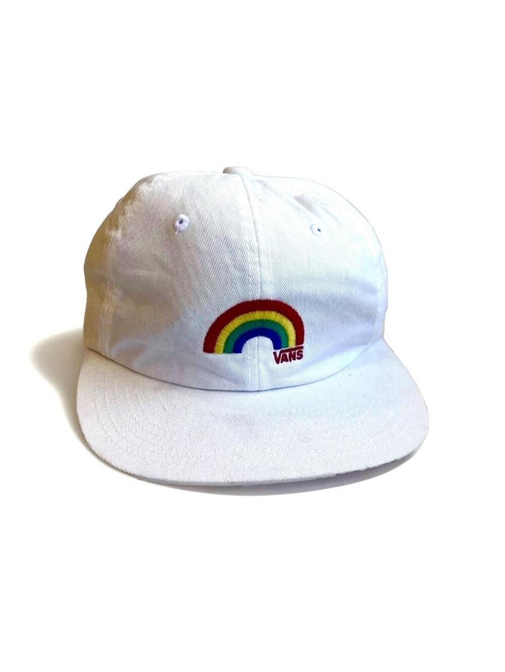 Vans White Rainbow Logo Baseball Cap Adjustable Leather‎ Strap Hat Flat Bill